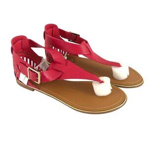 Breckelles Womens Sandals Thong Buckle Faux Leather Laser Cut Red Size 7
